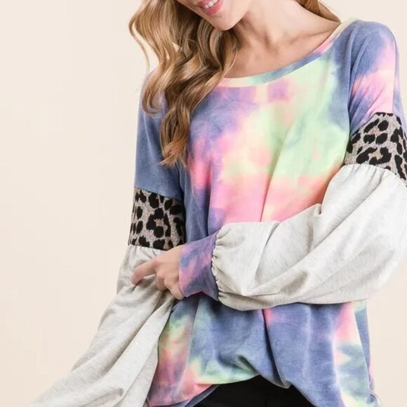 ✨NWT BiBi Tie Dye Terry Top with Contrast Puff Sleeves - Picture 2 of 9